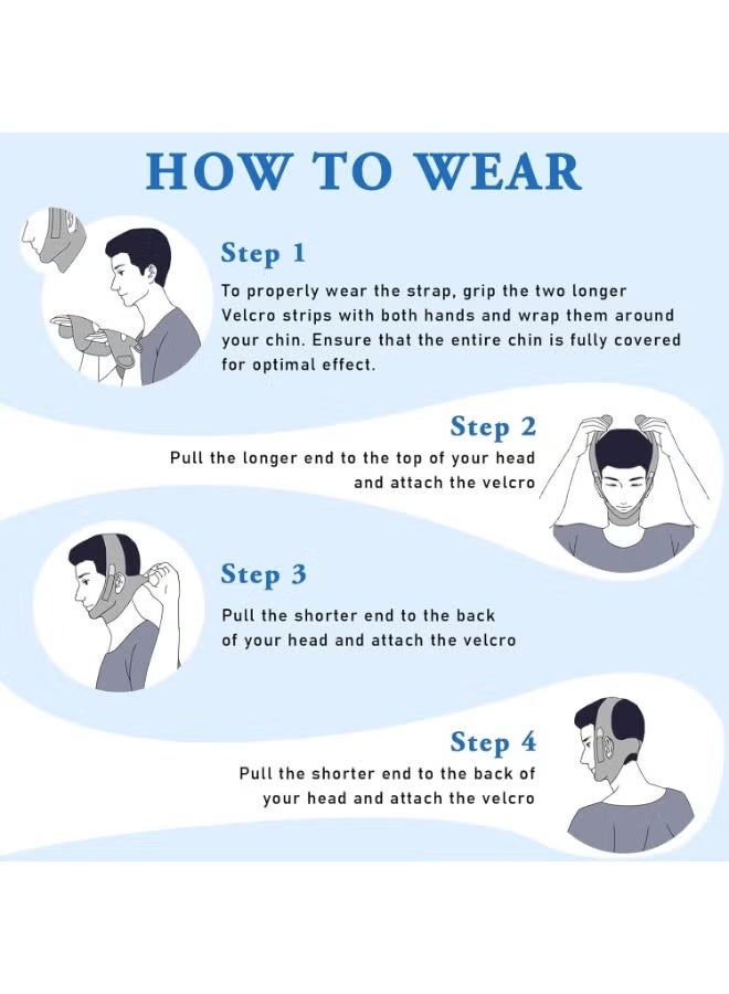 حزام الذقن المضاد للشخير للنوم ، شريط الفك الشخير الفم أجهزة النوم سدادة مستخدمي Cpap التنفس حل لسان حال الرأس للحفاظ على التقدم الفك السفلي المغلق للحد من الإيدز الرجال والنساء - Image 3